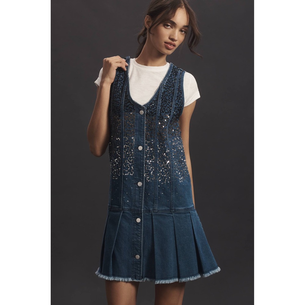 Pilcro Anthropologie Denim Sequin Pleated Mini Dress Boho Festival Western, L